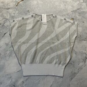 Marble Sweater Jumper Womens Size L Silver Grey Button Detail Shoulder Knit Cozy